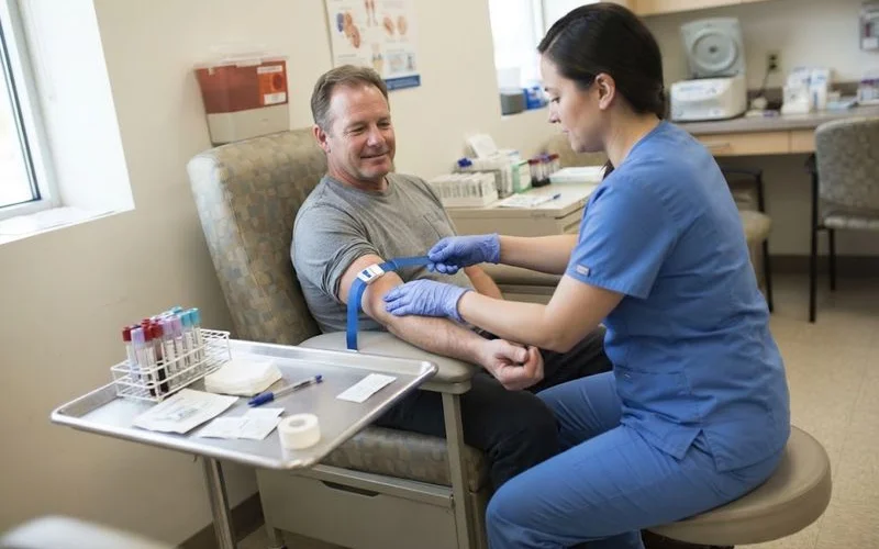 A phlebotomist preparing a blood draw on a patient's arm in a bright clinic, with labeled sample tubes on a tray beside them