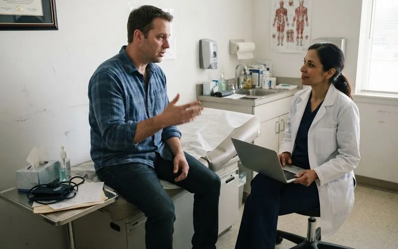 A patient and a family doctor talking across a desk in a modest clinic office, with a blood pressure cuff and a folder of notes between them