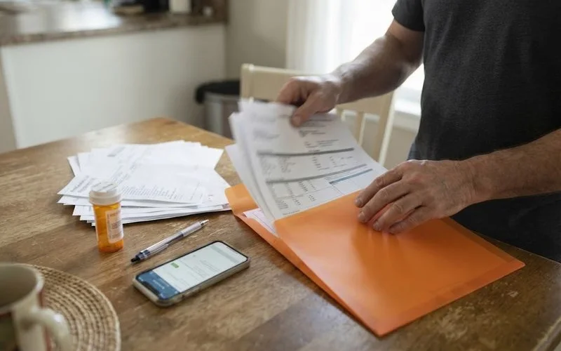 A folder of printed lab results and a medication list laid out on a desk beside a calendar with appointment dates circled